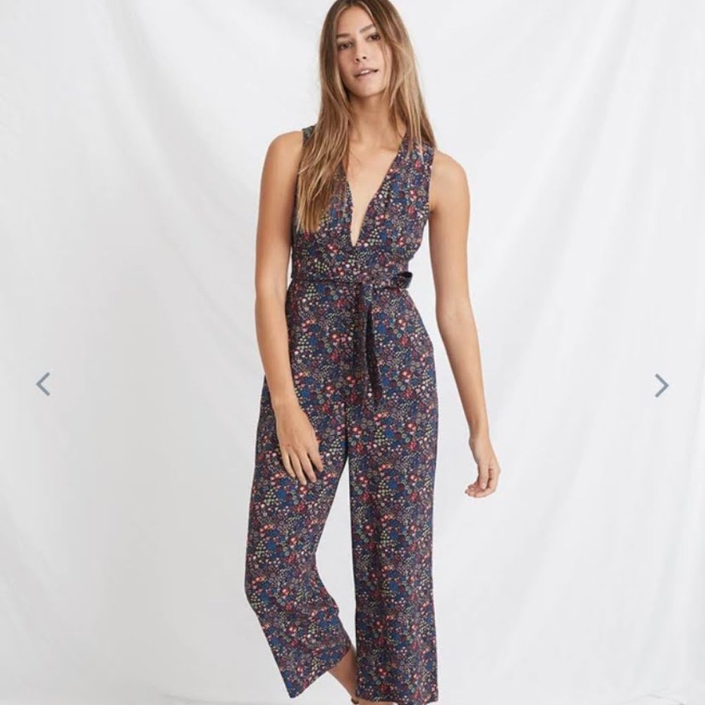 Marine Layer Navy Floral Sleeveless V-Neck Jumpsuit